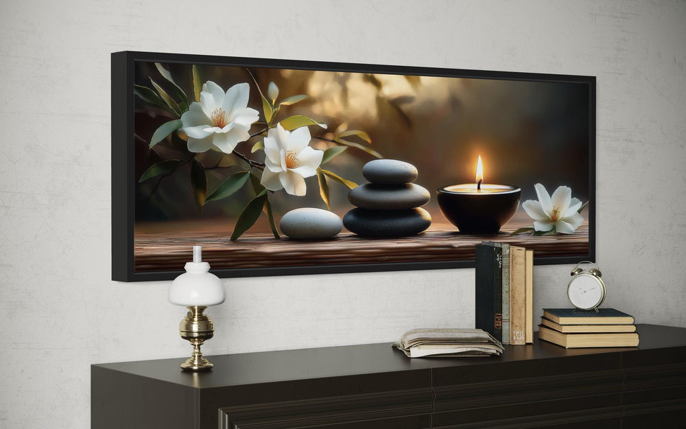 Zen Stones, Candle and Magnolia Flowers Long Horizontal Framed Canvas Wall Art