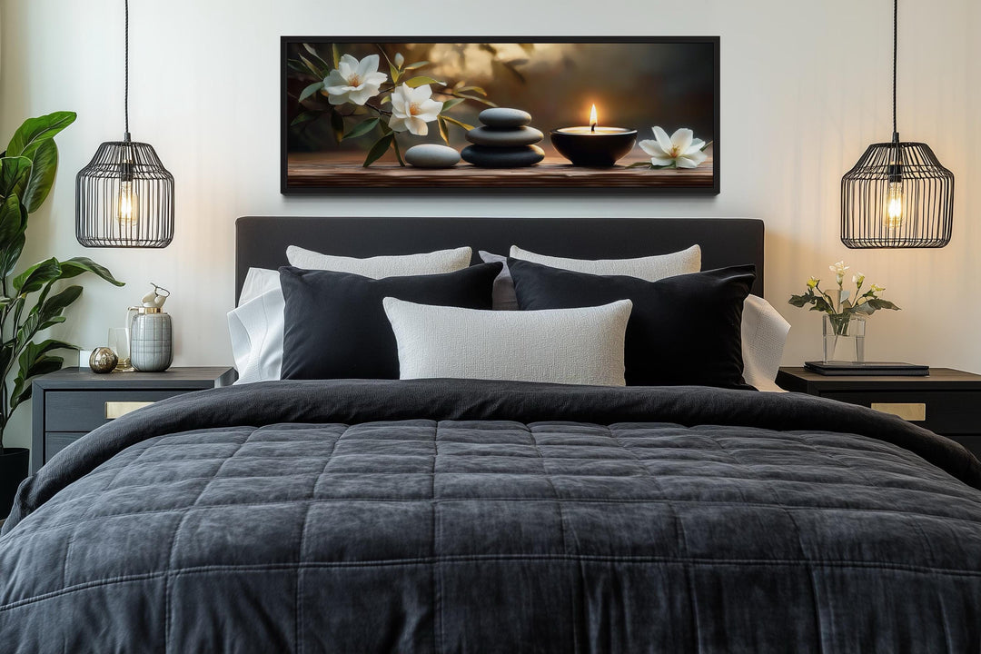 Zen Stones, Candle and Magnolia Flowers Long Horizontal Framed Canvas Wall Art
