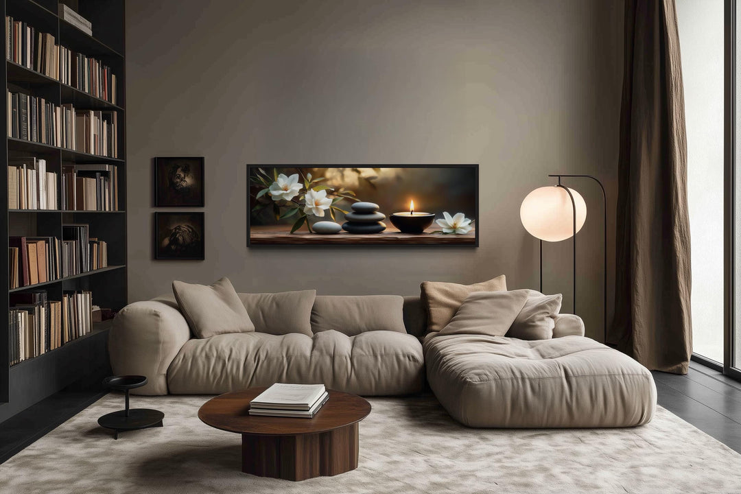 Zen Stones, Candle and Magnolia Flowers Long Horizontal Framed Canvas Wall Art
