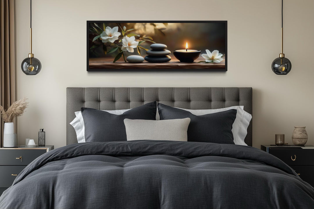 Zen Stones, Candle and Magnolia Flowers Long Horizontal Framed Canvas Wall Art