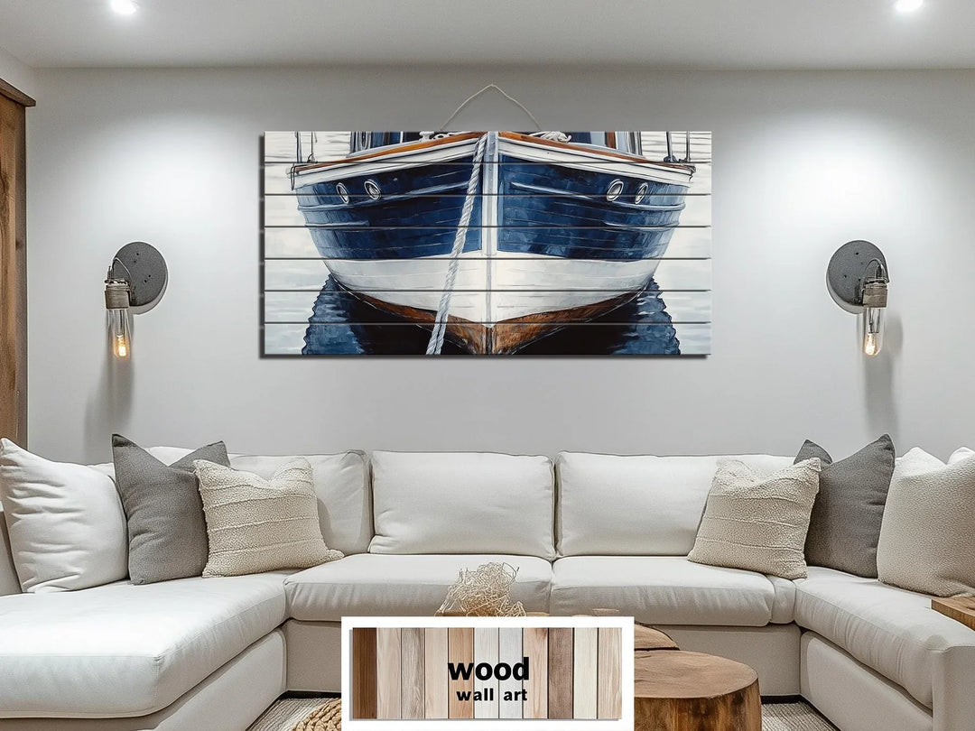 Coastal wood wall art - boat printed on wood planks above couch
