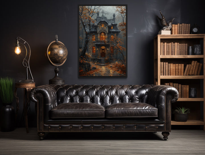 Moody Victorian House In Autumn under Rain Framed Canvas Wall Art above a couch in a room