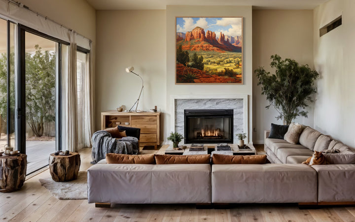 Sedona Arizona Desert Landscape Framed Canvas Wall Art above fireplace