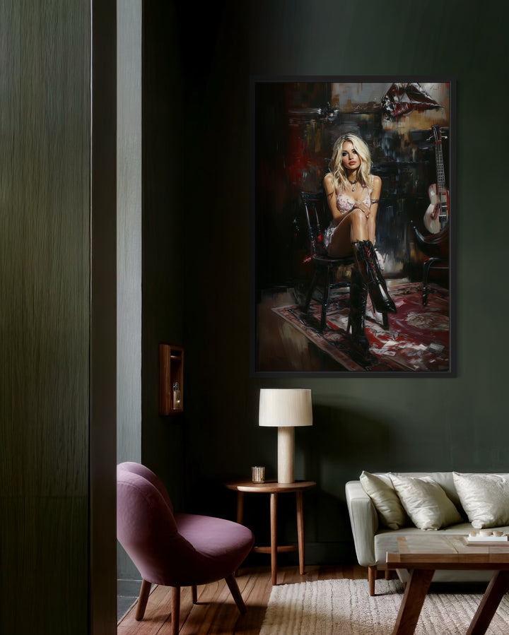 Moody Blonde Girl in Dark Room Framed Canvas Wall Art in living room