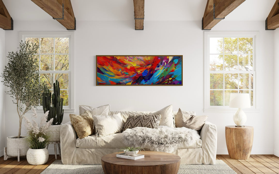 Colorful Red Blue Abstract Painting Long Narrow Framed Canvas Wall Art above couch