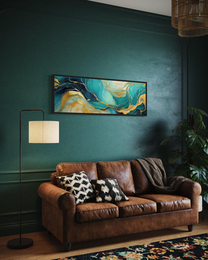 Teal Gold Mable Style Long Narrow Framed Canvas Wall Art in a teal living room with a couch and a rug