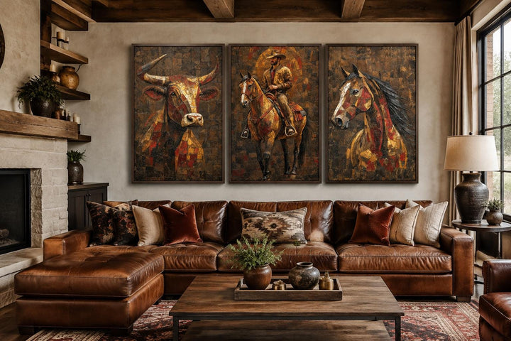 Western Wall Art Set Of 3 – Cowboy, Longhorn Bull, and Horse Canvas Prints for Rustic Ranch or Man Cave Decor