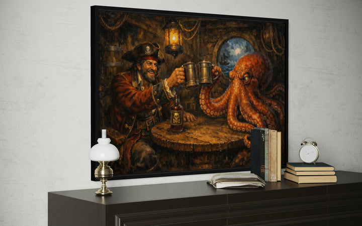 Bar wall art featuring a pirate and octopus drinking rum in a nautical canvas print.