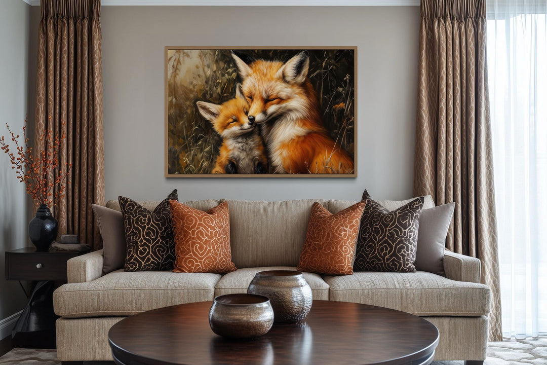 Fox Mama And Baby Hugging Framed Canvas Wall Art