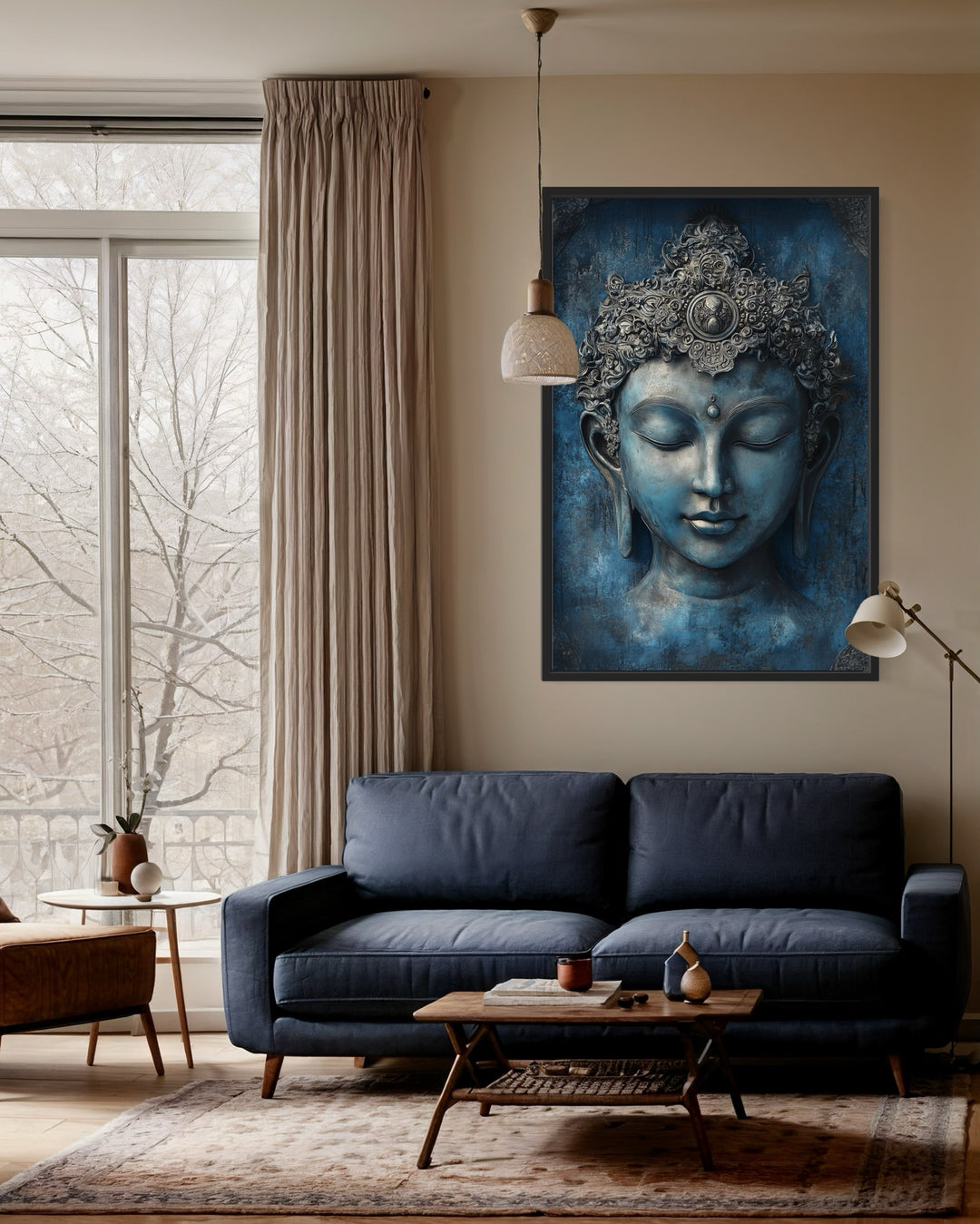 Serene Blue Buddha Painting Framed Canvas Wall Art above navy blue couch