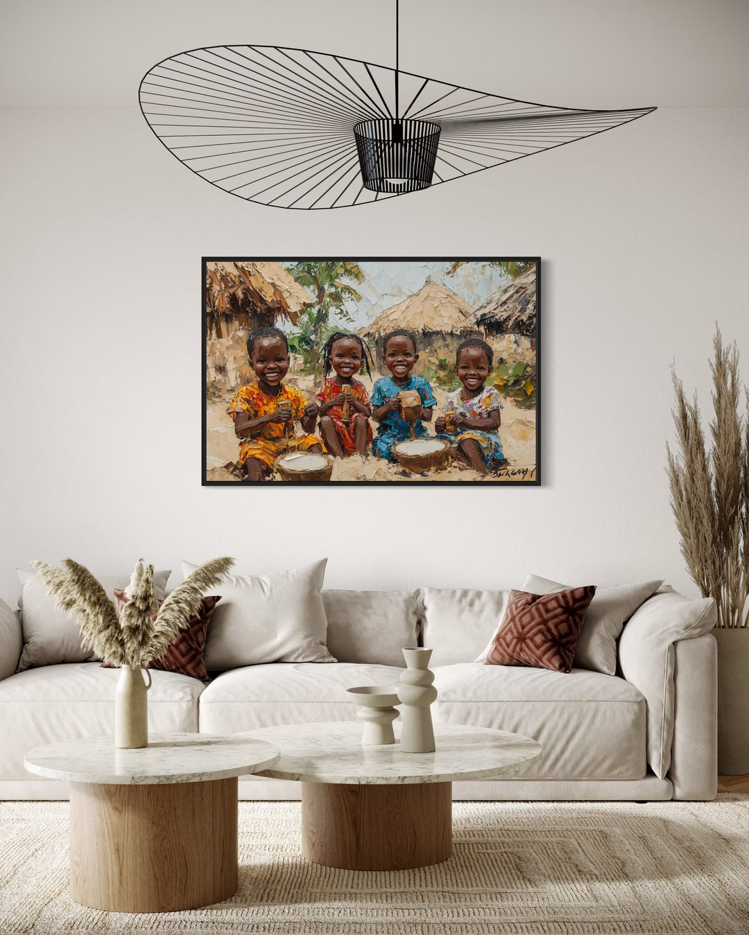 Happy African Children Playing In The Village Framed Canvas Wall Art in a living room filled with furniture and a painting on the wall