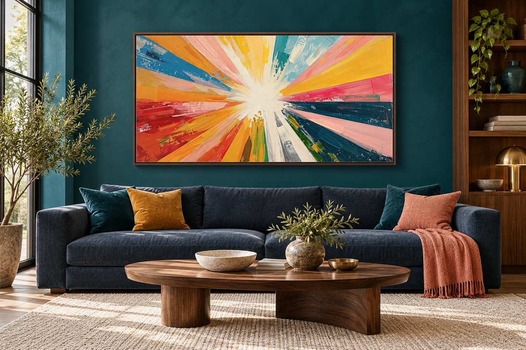 Boho sun rays framed canvas wall art with vibrant multicolored rays on a teal living room wall.