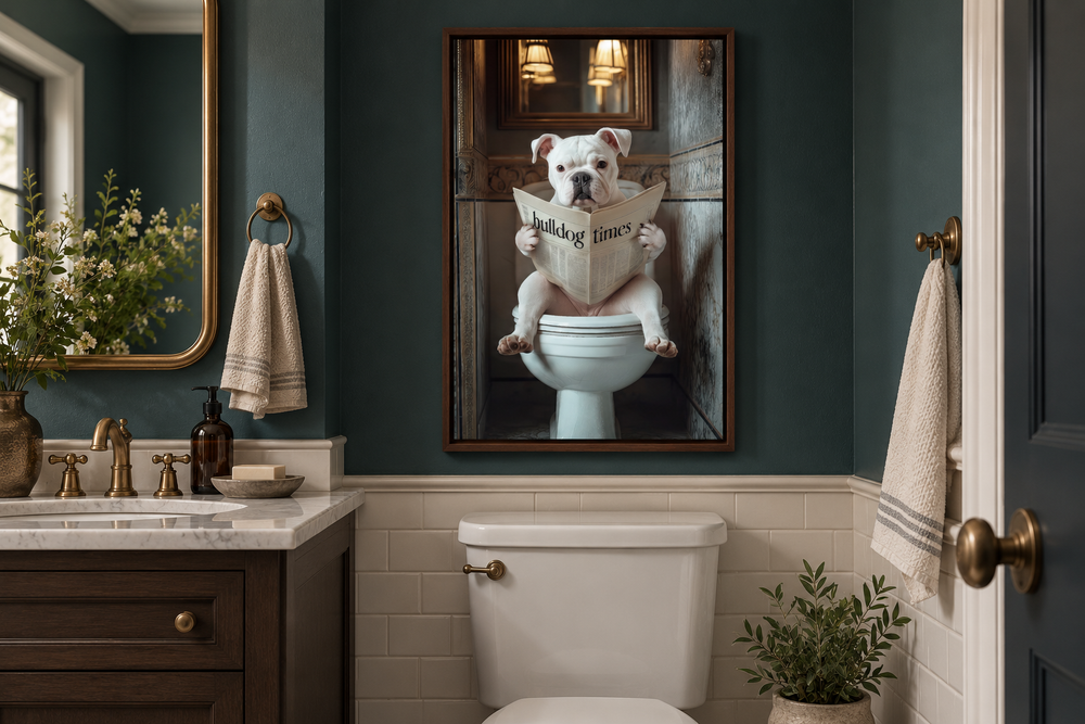 Framed wall art of an American Bulldog reading a newspaper on a toilet in a teal bathroom.