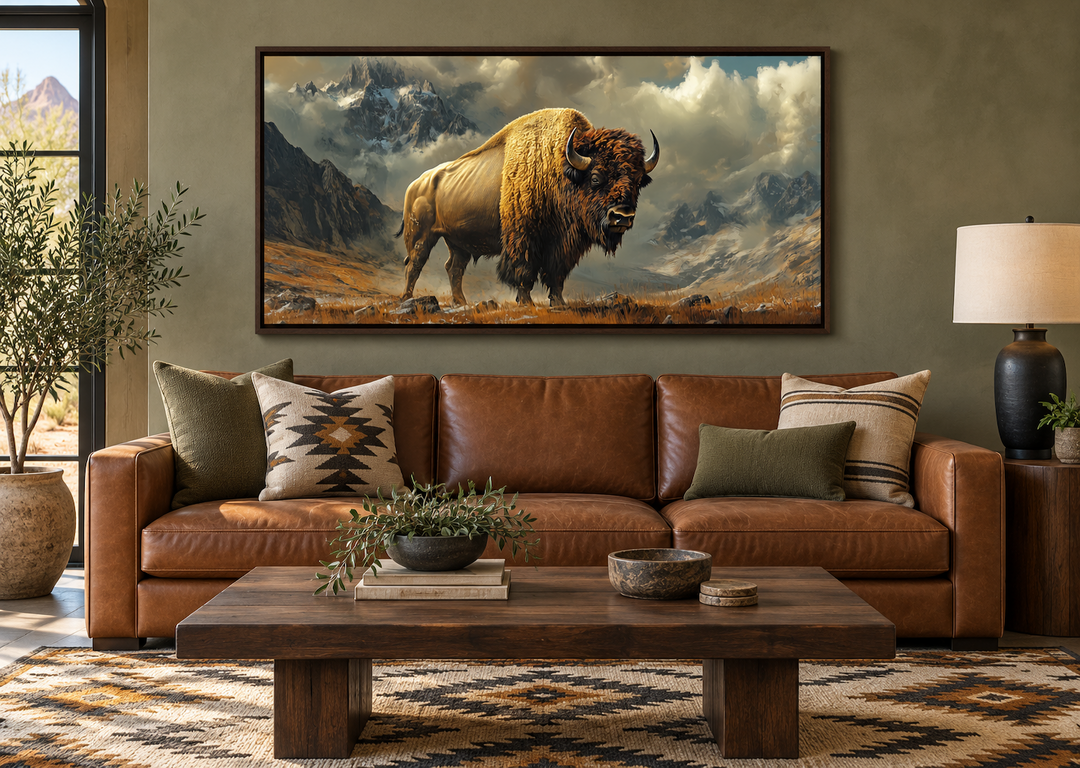 Framed canvas wall art of an American bison in a mountain landscape above a leather sofa.