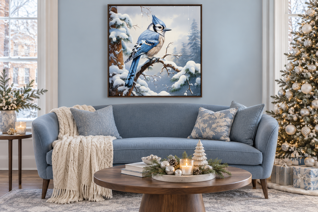 Blue Jay In Snow Winter Framed Canvas Wall Art For Christmas Decor