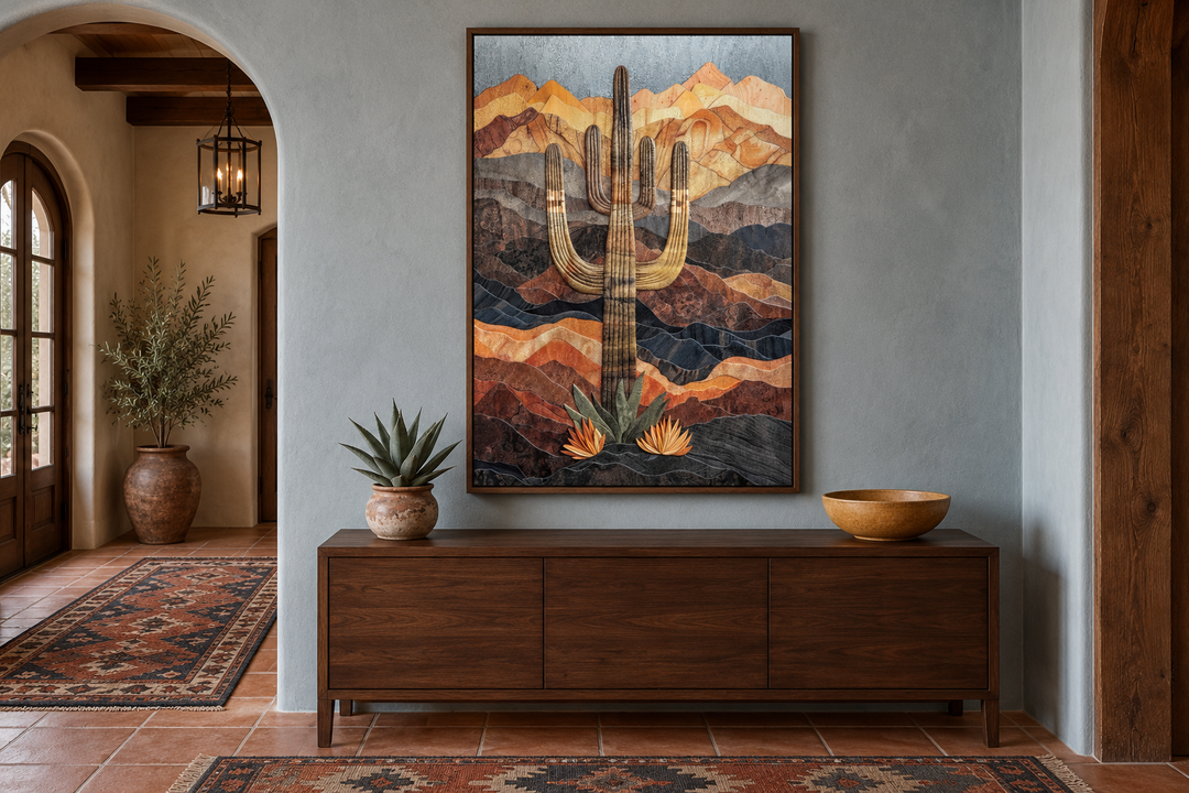 Saguaro cactus in the desert wood style southwestern wall art in a walnut frame above a sideboard.