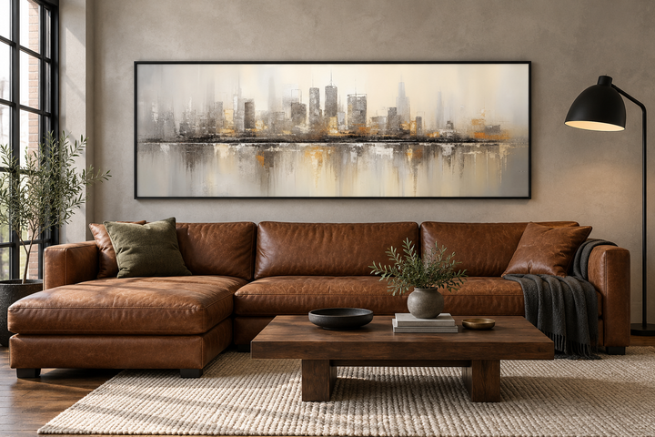 Framed horizontal abstract Chicago skyline wall art in gold and silver above a brown leather sofa.