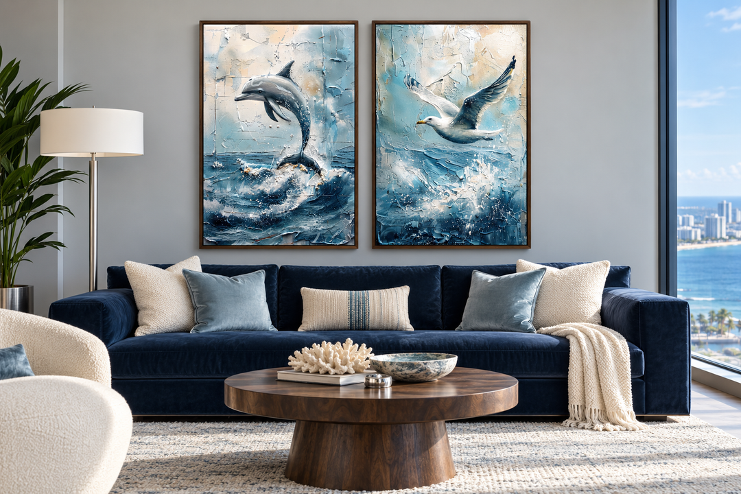 Set of 2 framed canvas wall art featuring an abstract dolphin and seagull over ocean waves.