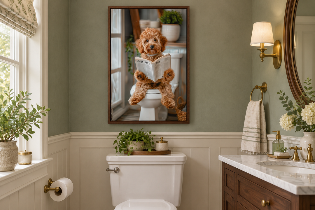 Framed wall art of a Cockapoo dog sitting on a toilet reading a newspaper in a sage green bathroom.