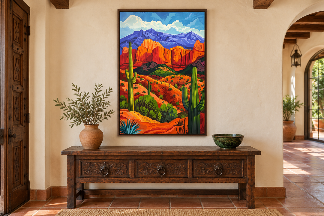 Colorful desert and saguaro cactus framed canvas wall art hanging above a rustic wooden console.