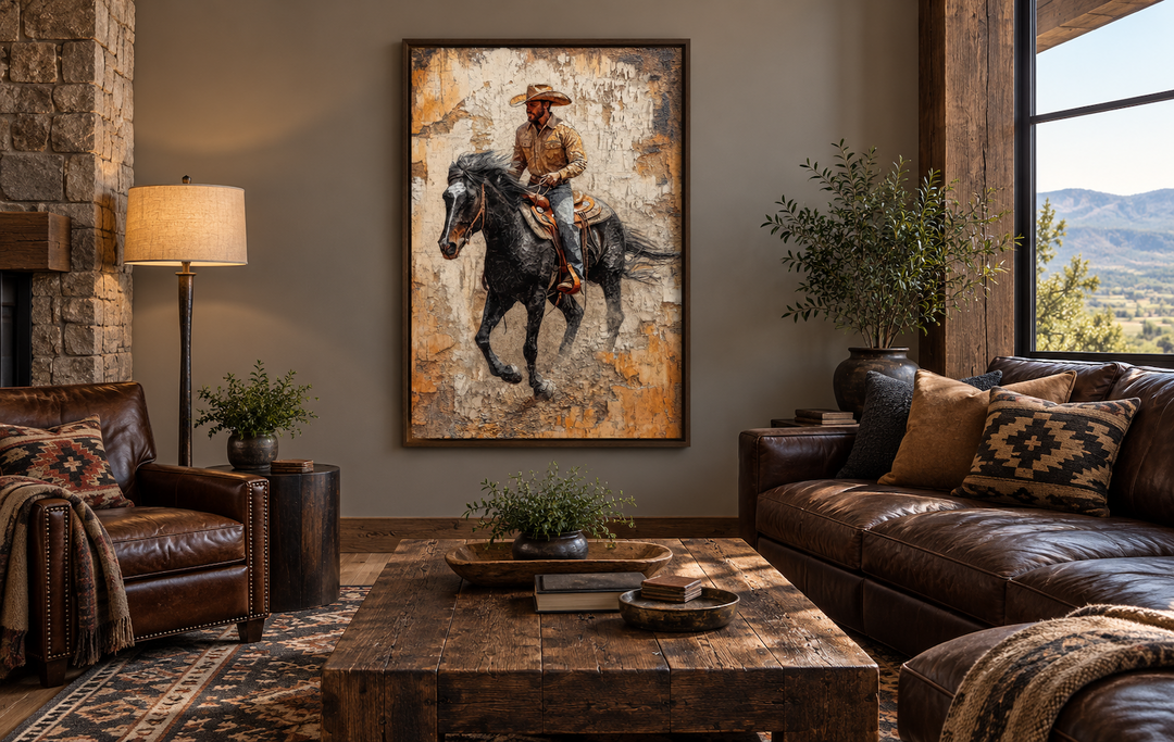 Rustic cowboy on horseback canvas wall art in a walnut frame above a leather sofa in a living room.