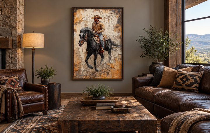 Rustic cowboy on horseback canvas wall art in a walnut frame above a leather sofa in a living room.