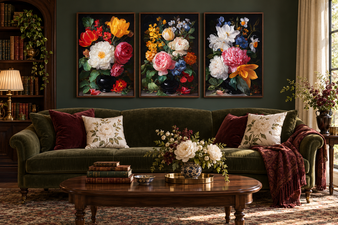Set of 3 vintage botanical floral canvas prints on a dark green wall above a velvet sofa.