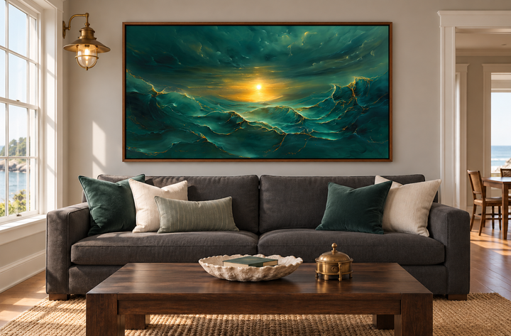 Abstract emerald green and gold ocean wave framed canvas art above a charcoal sofa.