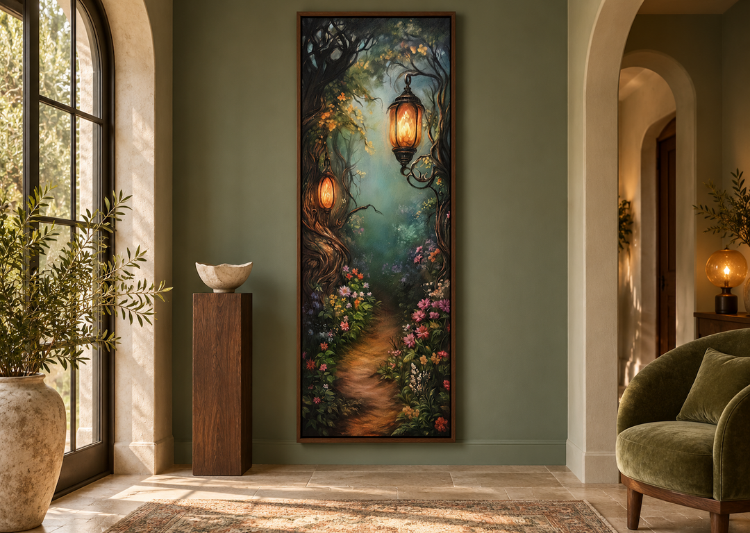 Tall narrow wall art of an enchanted forest pathway with glowing lanterns in a walnut frame.