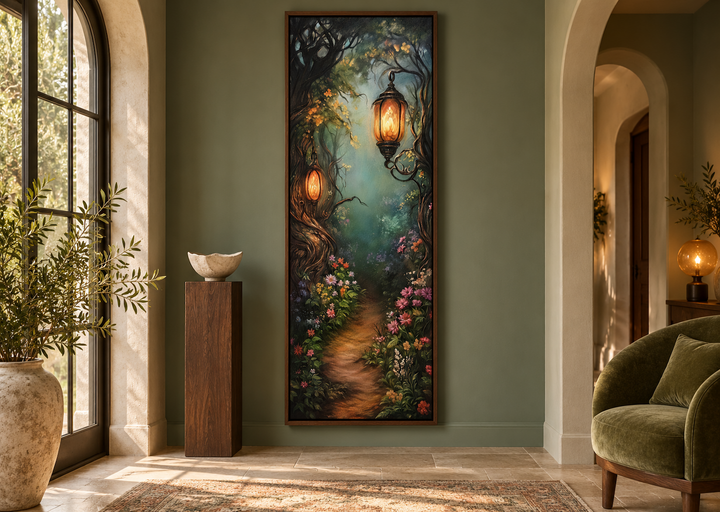 Tall narrow wall art of an enchanted forest pathway with glowing lanterns in a walnut frame.