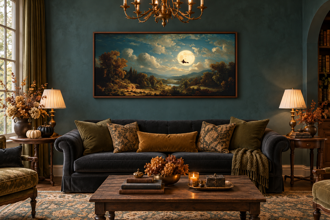 Hexe auf Besen – Halloween-Wandbild – Gotische Vollmondlandschaft