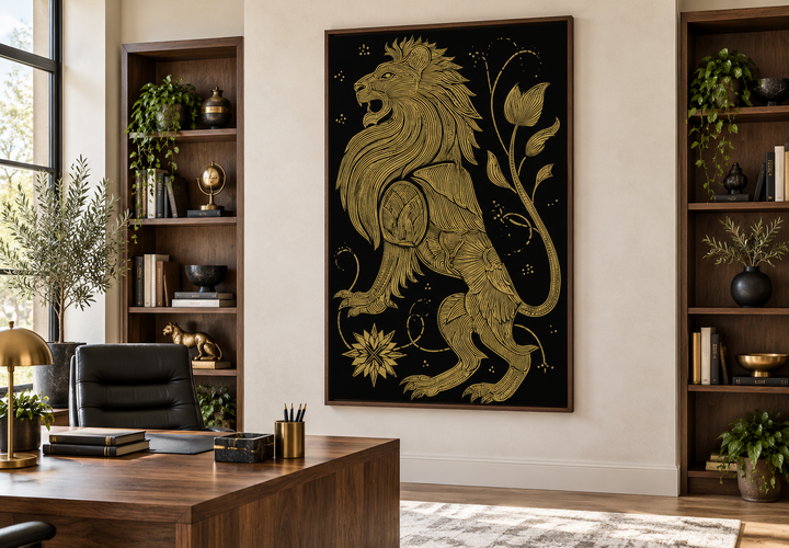 Heraldic lion wall art in black and gold on a canvas print, displayed in a wood-paneled office.