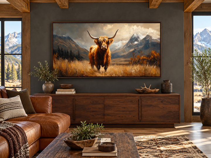 Leinwandbild „Highland Cow“ auf brauner Landschaft, gerahmt