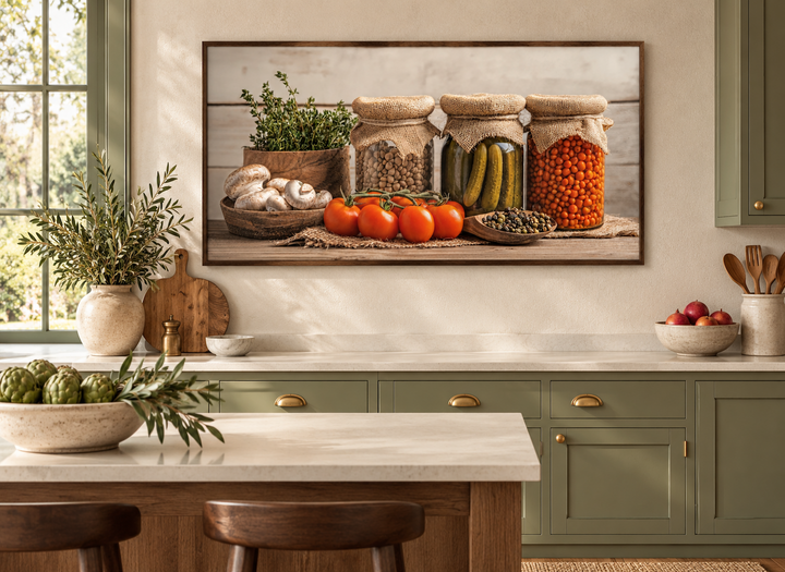 Spices and pickles framed canvas wall art hanging in a rustic sage green farmhouse kitchen.
