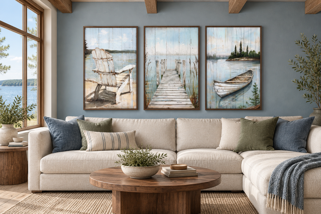 Set of 3 rustic lake house wall art featuring a fishing dock, old boat, and Adirondack chair.