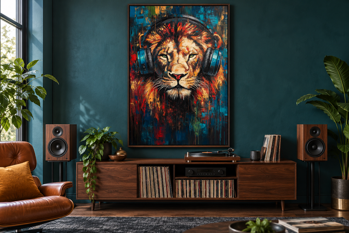 Lion DJ with headphones framed wall art in a modern music room with a record player and speakers.