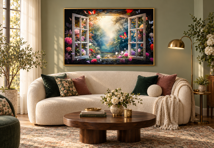 Enchanted forest view from an open window wall art in a gold frame above a white sofa.