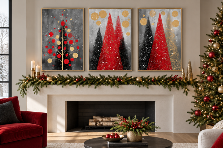 Set of 3 modern Christmas tree canvas prints in red, black, and gold above a festive mantel.