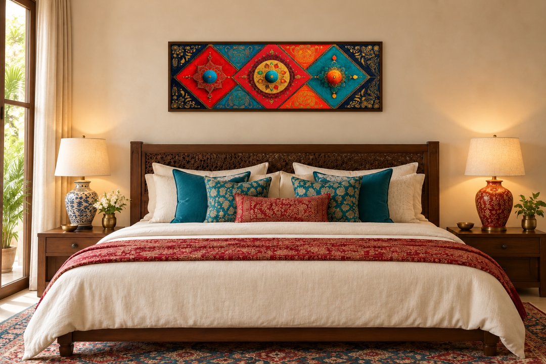 Modern long horizontal canvas wall art with colorful Indian geometric patterns above a bed.