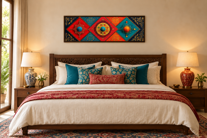Modern long horizontal canvas wall art with colorful Indian geometric patterns above a bed.