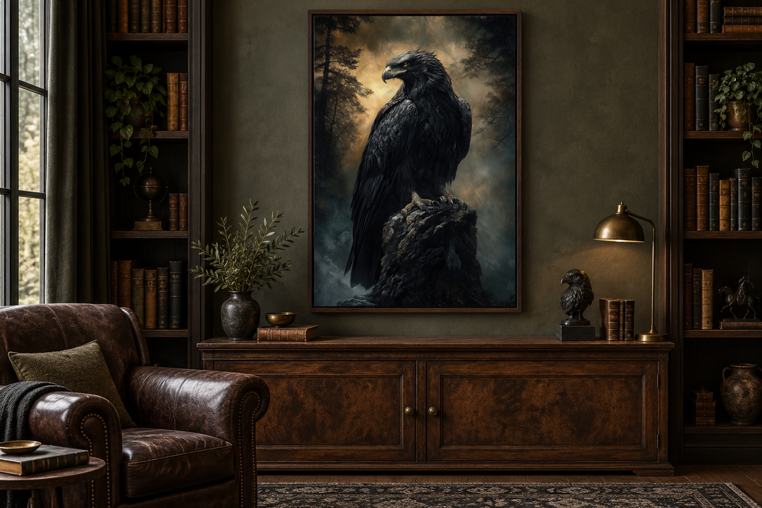 Moody dark gothic eagle framed canvas wall art in a walnut frame above a wooden sideboard.