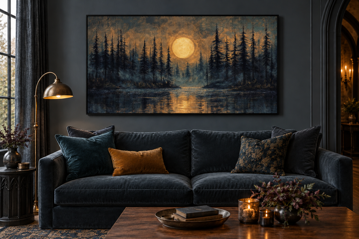Moody moon over pine forest and lake at night wall art in a black frame above a dark velvet sofa.