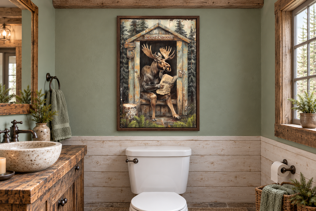 Moose in a wooden outhouse reading a newspaper wall art in a rustic sage green bathroom.