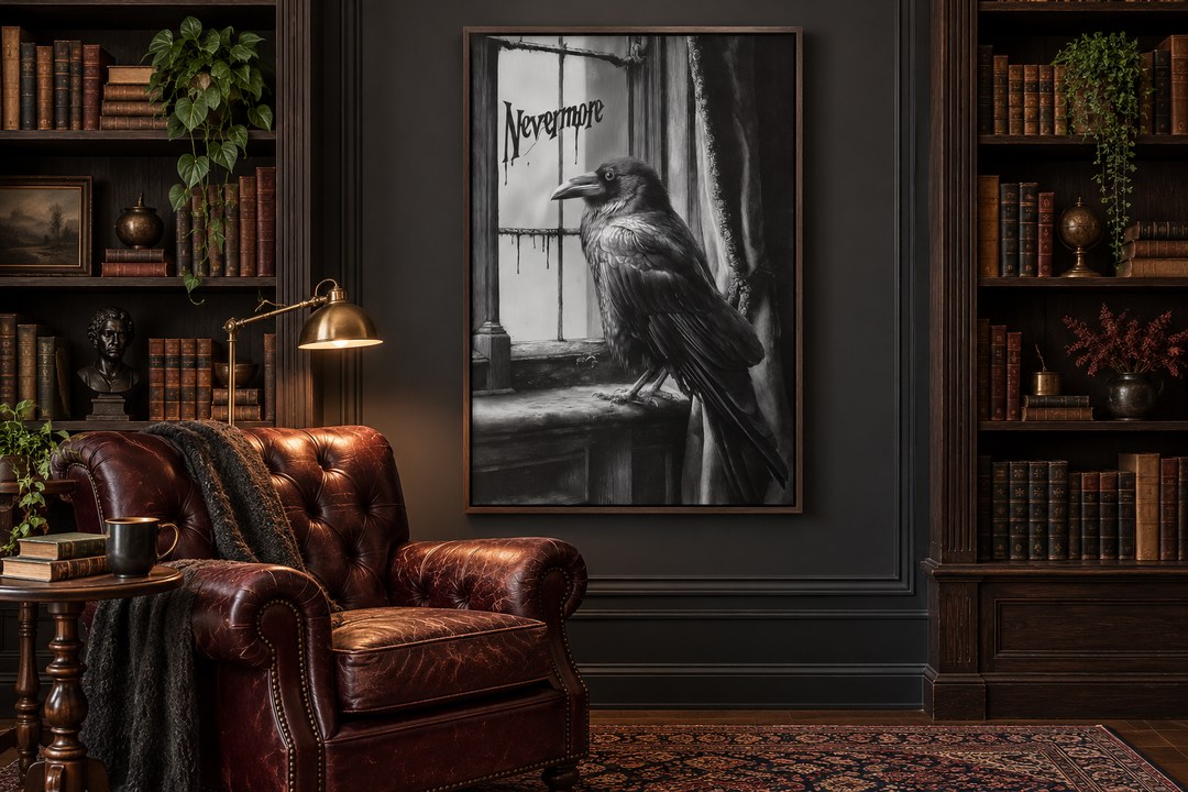Nevermore gothic raven wall art in a dark library with a leather armchair and bookshelves.