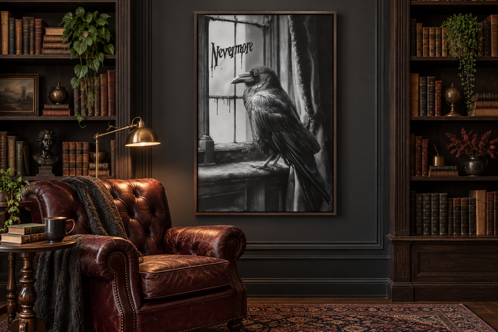 Nevermore gothic raven wall art in a dark library with a leather armchair and bookshelves.
