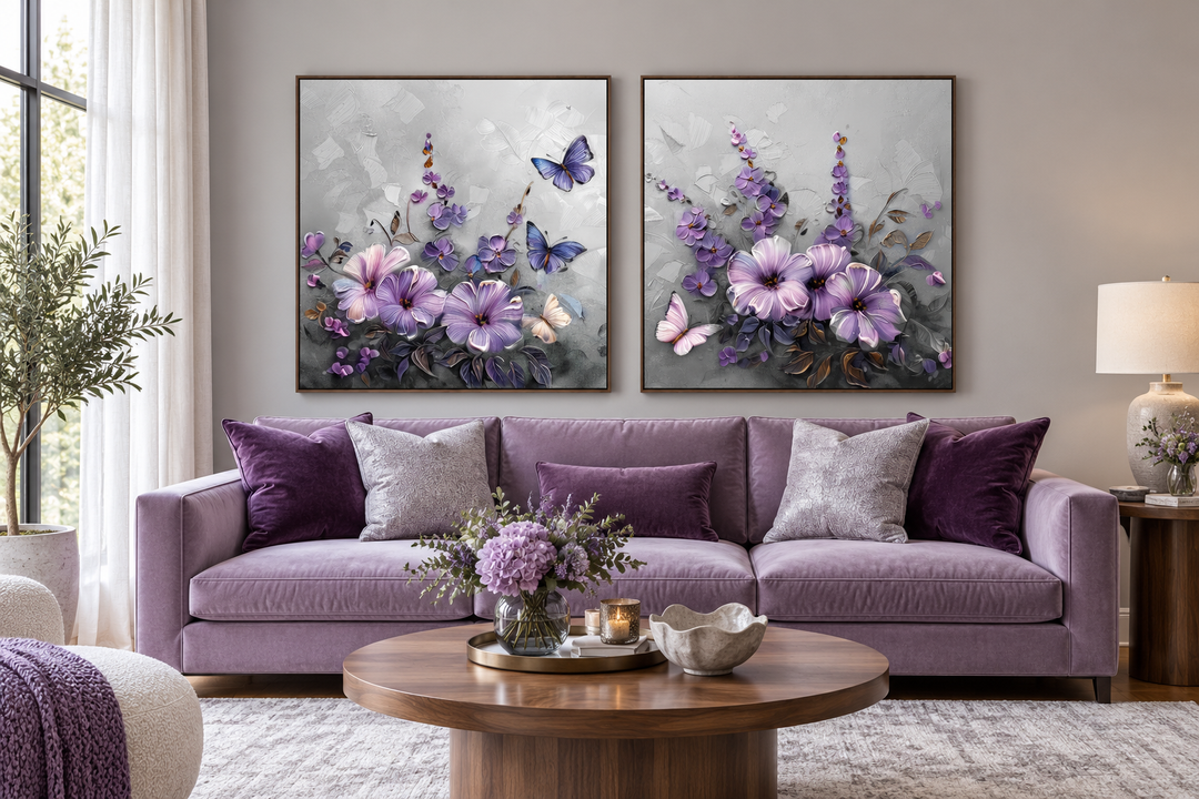 Set of 2 light purple floral prints with lavender blossoms and butterflies in dark wood frames.