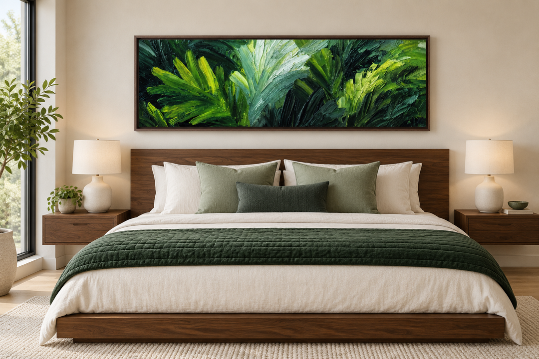 Rainforest Jungle Leaves horizontal canvas print above a wooden bed in a modern bedroom.