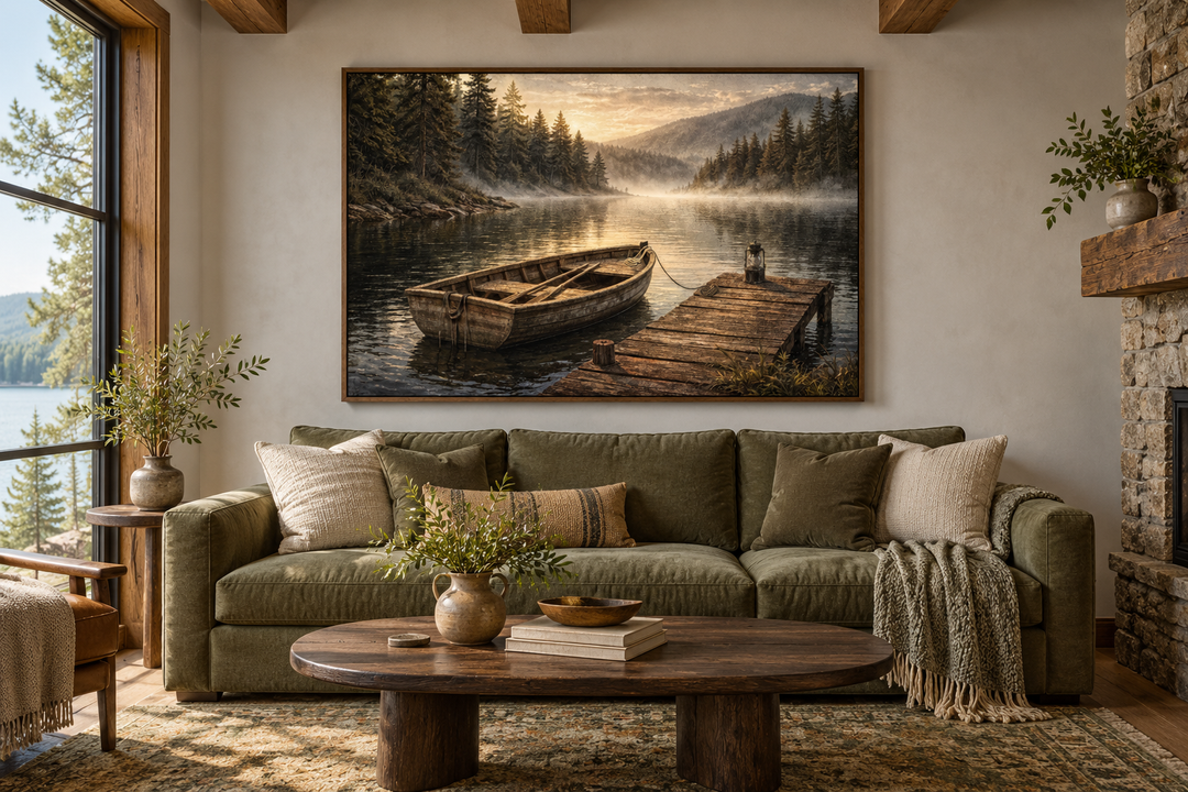 Rustic rowboat painting on canvas above a green sofa in a cozy, lodge-style living room.