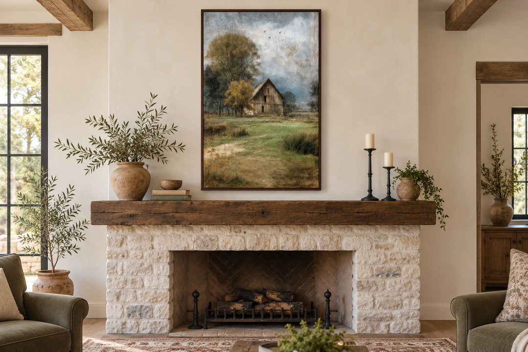 Vertical rustic farmhouse canvas print of a weathered barn in a peaceful countryside landscape.