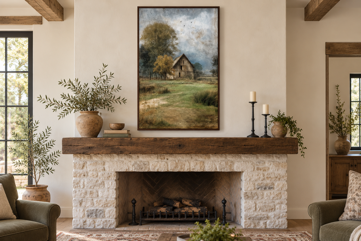 Vertical rustic farmhouse canvas print of a weathered barn in a peaceful countryside landscape.